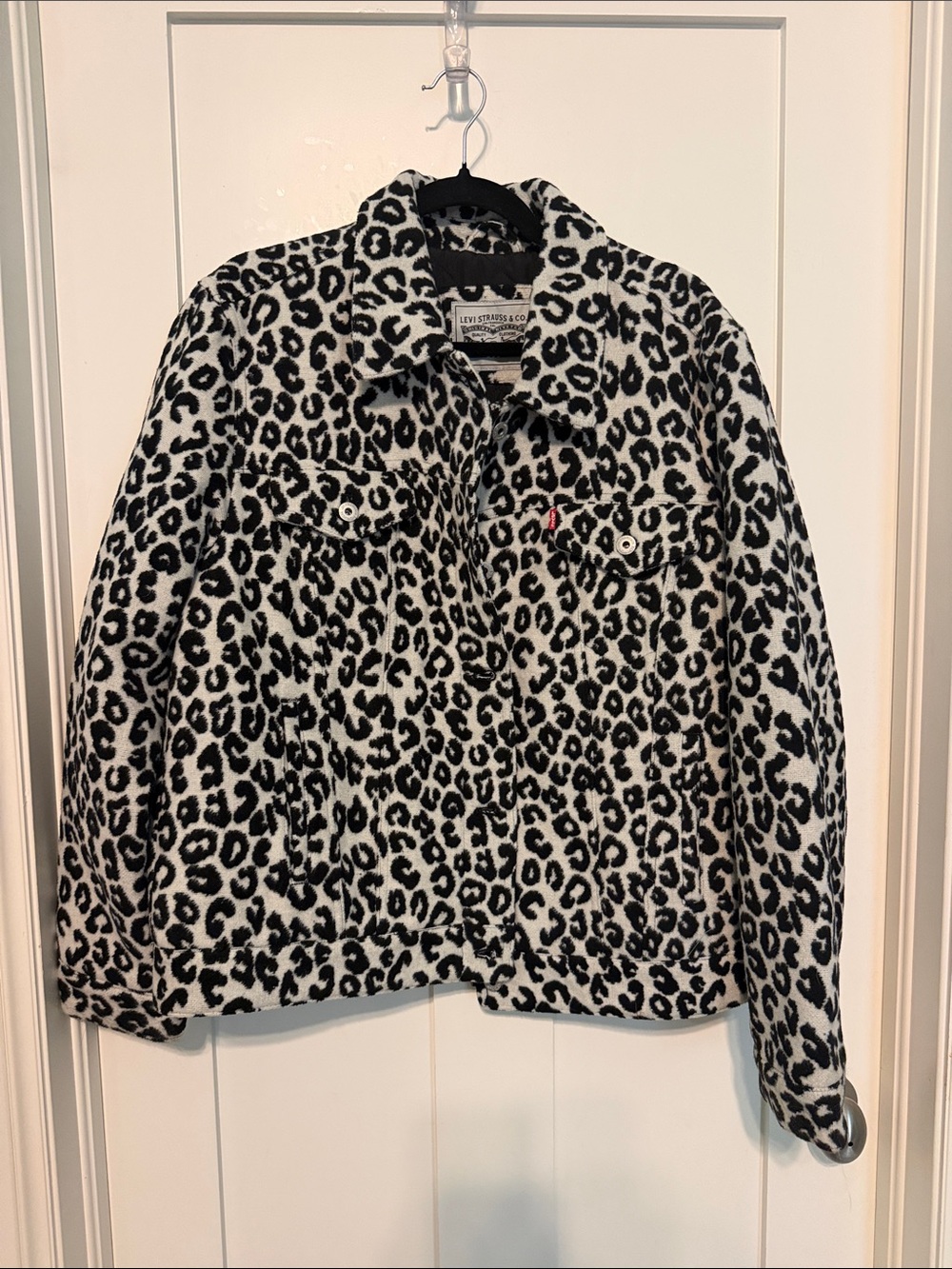 Levi's Black & White Leopard-Print Teddy Trucker Jacket Mob Wife Size XL